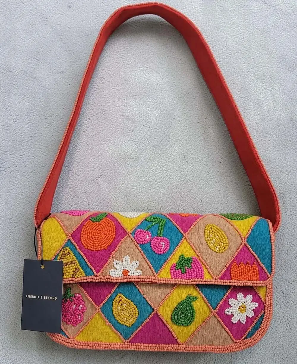 America & Beyond Beaded Fruit & Flower Summer Tropical Embellished Shoulder Bag